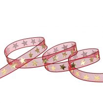 Artikel Organzaband Polyester Dunkelrot mit Goldsternen 10mm x 20m für Geschenk- und Weihnachtsdekoration