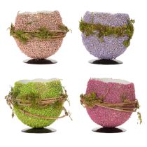 Artikel Osterei Dekoschale aus Kunststoff mit Moos, 9 cm, Lila/Pink/Rosa/Grün, 4 Stück
