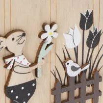 Artikel Ostereier aus Holz zum Hängen mit Hase und Gartenmotiv 13 cm Natur Weiss 6er-Set