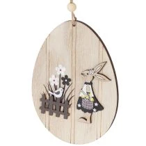 Artikel Ostereier aus Holz zum Hängen mit Hase und Gartenmotiv 13 cm Natur Weiss 6er-Set