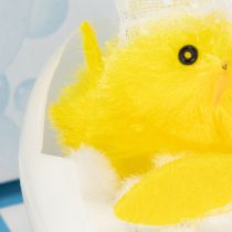 Artikel Dekofigur Chenilleküken in Eierschalen-Badewanne mit Fisch, Gelb, 9 cm, Innenbereich