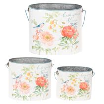Artikel Pflanzkübel Set Metall Oval Weiss mit Blumenmotiv 26/22/17 cm 3-teilig