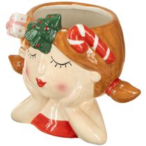 Artikel Pflanzkopf aus Keramik Mädchenfigur H17cm mit Weihnachtsdetails
