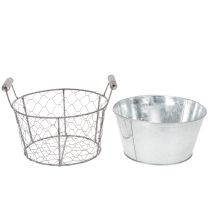 Artikel Pflanzkorb aus Draht mit Einsatz und Griffen, Ø22 cm, H17.5 cm, silbern-weiss