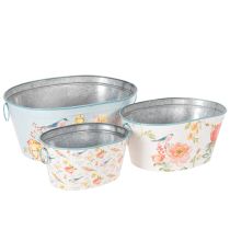 Artikel Pflanzschalen aus Metall, oval, mit Blumen- und Vogelmotiv, 39/31/24,5 cm, Set mit 3 Stück