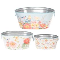 Artikel Pflanzschalen aus Metall, oval, mit Blumen- und Vogelmotiv, 39/31/24,5 cm, Set mit 3 Stück