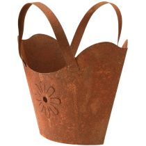 Artikel Pflanztasche aus Metall mit Rost-Optik, Blumenmotiv und Henkeln, H37cm für Garten und Terrasse