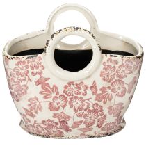 Artikel Keramik-Pflanzentopf mit Henkel, Tasche, florales Muster, 21cm, Weiss-Rot, Innen- und Aussendekoration