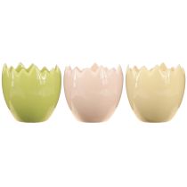 Artikel Keramik Blumentopf Eierförmig mit zerbrochener Kante 9 cm Ø, Pastellfarben, 3er Set für Fensterbank und Tisch