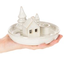 Artikel Deko-Kerzenhalter Keramik mit Haus- und Baum-Motiv 16 cm Grau-Weiss