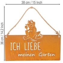 Artikel Schild aus Metall mit Spruch "Ich liebe meinen Garten", 38 cm, Edelrost, Froschmotiv