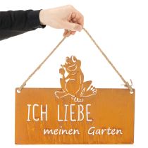 Artikel Schild aus Metall mit Spruch "Ich liebe meinen Garten", 38 cm, Edelrost, Froschmotiv