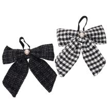 Artikel Schwarze und weisse karierte Stoffschleifen mit Brosche und Aufhänger 24cm 2er-Set