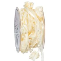 Artikel Schleifenband mit Seidenrosen und Perlen, 15 mm x 5 m, cremefarben, aus Polyester