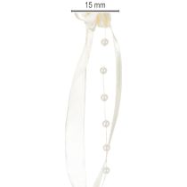 Artikel Schleifenband mit Seidenrosen und Perlen, 15 mm x 5 m, cremefarben, aus Polyester