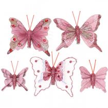 Deko Schmetterlinge mit Clip, Federschmetterlinge Pink 4,5–8cm 10St