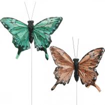 Artikel Deko-Schmetterlinge, Frühlingsdeko, Federschmetterlinge, Pflanzenstecker Grün, Braun 9,5×12,5cm 12St