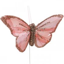 Schmetterlinge mit Glimmer, Hochzeitsdeko, Dekostecker, Federschmetterling Gelb, Beige, Rosa, Weiß 9,5×12,5cm 12St