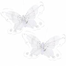Feder Schmetterling auf Clip Weiß 10cm 12 St