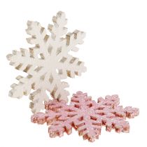 Artikel Holzschneeflocken 4cm Pink/Weiss mit Glitter, 72 Stück