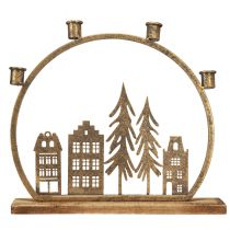 Artikel Stabkerzenhalter aus Metall mit Häuserreihe und Tannen, Antik-Gold, 36×32 cm