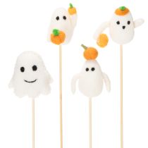 Artikel Halloween Geisterfiguren auf Holzstab 54 cm Weiss mit Kürbisakzenten 8er-Set
