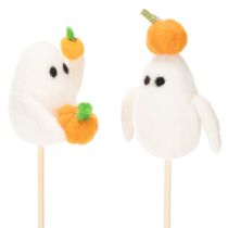 Artikel Halloween Geisterfiguren auf Holzstab 54 cm Weiss mit Kürbisakzenten 8er-Set