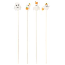 Artikel Halloween Geisterfiguren auf Holzstab 54 cm Weiss mit Kürbisakzenten 8er-Set