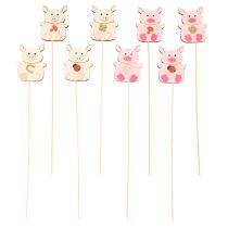 Artikel Dekostecker Schweinchen Holz bunt 31cm 16 Stück für Blumendekoration
