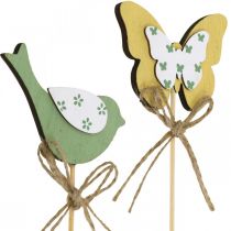 Artikel Holz-Pflanzenstecker Vogel und Schmetterling, 24/25 cm, Grün und Gelb, Set 12 Stück