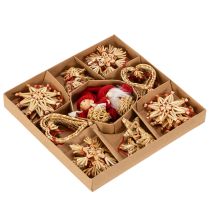 Artikel Strohanhänger Set mit Figuren und Sternen 4–6 cm 30-teilig Natur-Rot