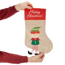 Artikel Weihnachtsstrumpf-Set aus Stoff, 50 cm, Rot-Beige, 3 Motive: Weihnachtsmann, Wichtel, Schneemann