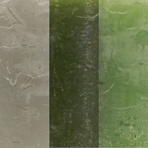 Artikel Stumpenkerzen Set 70x120mm Grün 3 Farbtöne, Durchgefärbt, 12 Stück, Tischdekoration