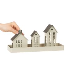 Artikel Lichthaus Set Metall Grau drei Häuser mit Tablett 35 cm