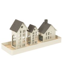 Artikel Lichthaus Set Metall Grau drei Häuser mit Tablett 35 cm
