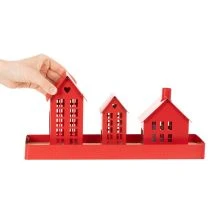 Artikel Metall-Windlicht-Set Häuser Rot mit Tablett 35cm