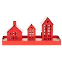 Artikel Metall-Windlicht-Set Häuser Rot mit Tablett 35cm