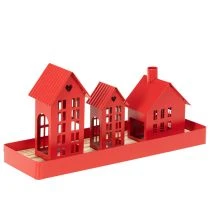 Artikel Metall-Windlicht-Set Häuser Rot mit Tablett 35cm