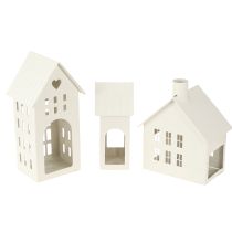 Artikel Teelichthalter-Set aus Metall in Hausform, Weiss, 15 cm hoch, 3er-Set, für Tisch- und Wohnraumdekoration