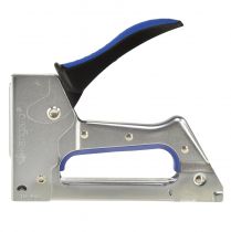 Artikel Tacker Hefter Handtacker aus Edelstahl und Kunststoff 15,5x13x2,5 cm Silber-Schwarz-Blau für Floristik und Bastelarbeiten