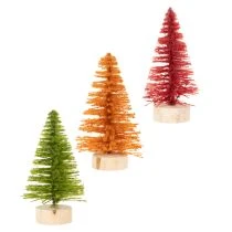 Artikel Miniatur-Tannenbaum Tischdeko 12 cm, Grün Rot Orange, 6er-Set, künstlich auf Holzsockel