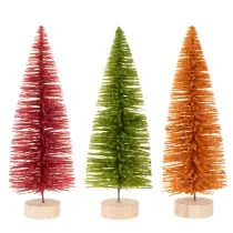 Artikel Künstlicher Tannenbaum 31 cm aus Kunststoff und Holz in Grün, Rot und Orange im 3er-Set