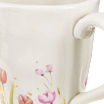 Artikel Pflanzgefäss Keramik, Tasse mit Blumenmotiv, 10,5 cm Höhe, Weiss-Bunt