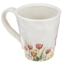 Artikel Pflanzgefäss Keramik, Tasse mit Blumenmotiv, 10,5 cm Höhe, Weiss-Bunt