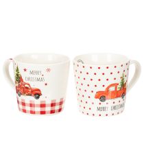 Artikel Weihnachtstassen aus Keramik 10 cm Rot-Weiss mit Auto und Tannenbaum 2er-Set