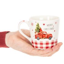 Artikel Weihnachtstassen aus Keramik 10 cm Rot-Weiss mit Auto und Tannenbaum 2er-Set