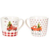 Artikel Weihnachtstassen aus Keramik 10 cm Rot-Weiss mit Auto und Tannenbaum 2er-Set