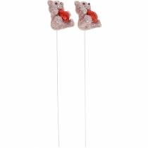 Artikel Dekostecker Bär aus Kunststoff mit Glitter und Herz, 28 cm, Altrosa/Rot, Set mit 9 Stück