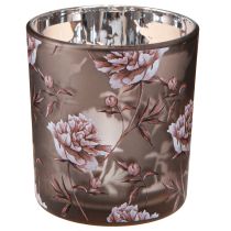 Artikel Teelichtglas Braun Silber mit Pfingstrosen-Motiv H8cm 4er-Set