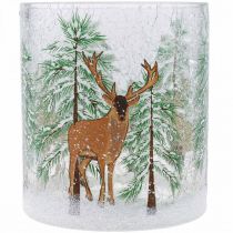 Artikel Teelichthalter Glas Crackle Winterwaldmotiv mit Hirsch H13cm